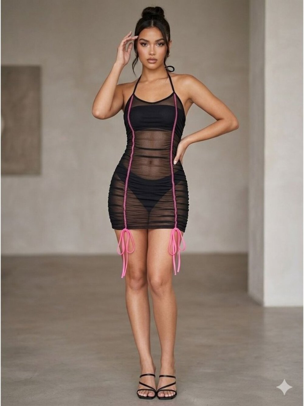 Darker Wavs Medium Snare Mesh Mini Dress With Pink Stitching Vamp Goth